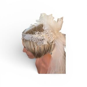 VTG Fingertip White Wedding Veil Beaded Headband Tulle Crown Ribbons Seed Pearls
